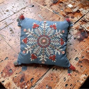 Embroidered Holiday Snowflake Throw Pillow - Blue with Red Accents